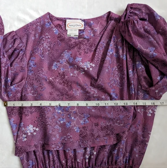 Vintage 70's Purple Flowy Floral Bib Cottage Core Midi Amy-Deb Dress Made in USA - Picture 10 of 16
